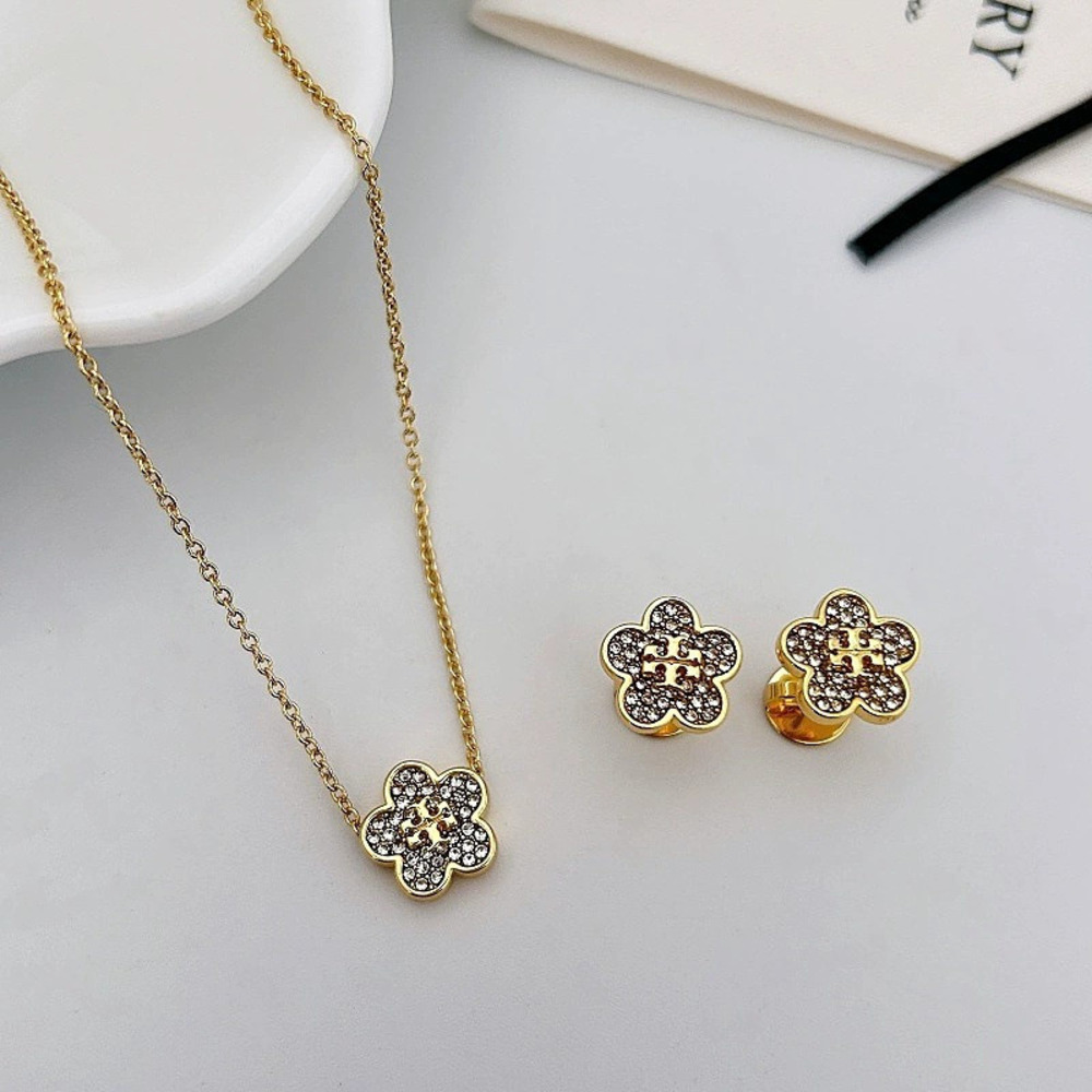 Tory Burch Gold Flower Letter Choker Zircon Earrings